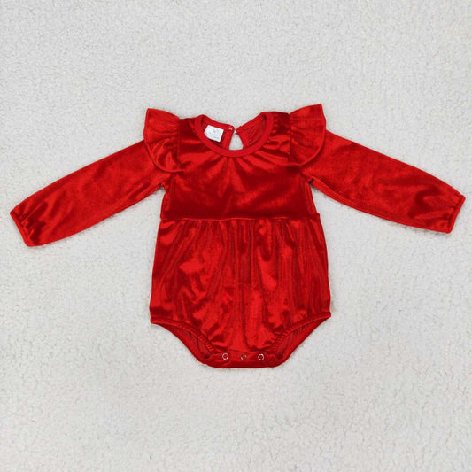 LR0713    Red Ruffles Velvet Dance Girls Long Sleeve Romper