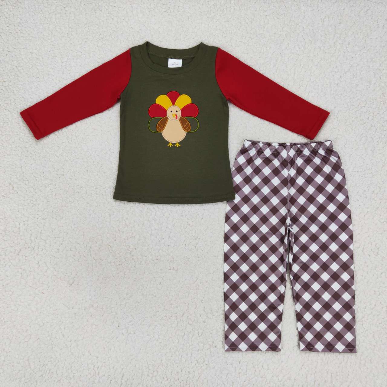 BLP0339 Thanksgiving Turkey Red Green   Embroidery  Boys Long Sleeve Pants Outfits