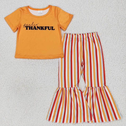 GSPO0883  Thanksgiving Turkey Orange Thankful   Girls Short Sleeve Pants Outfits