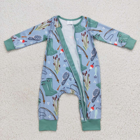 LR0664  Blue Fish  Zipper Boys Long Sleeve Romper