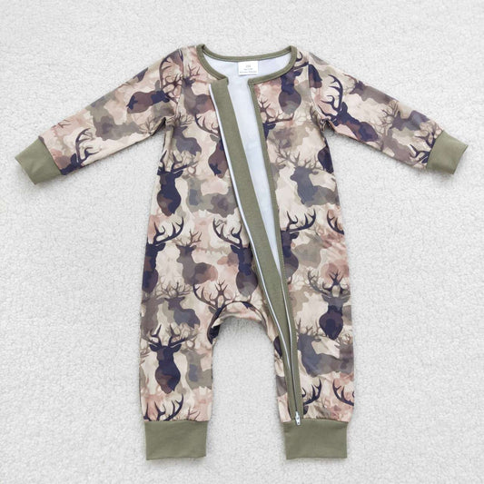 LR0662 Green Camo Deer   Zipper Boys Long Sleeve Romper