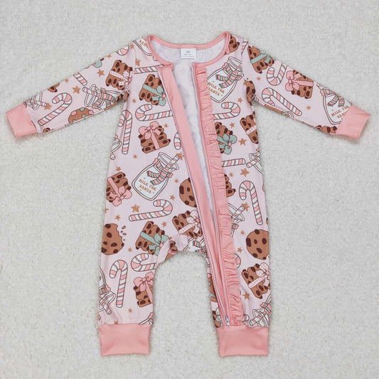 LR0630 Christmas Pink Milk Cookies  Zipper Girls Long Sleeve Romper