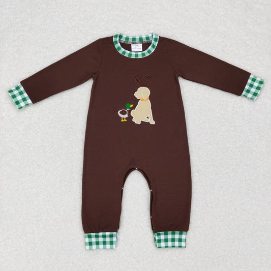 LR0591 Brown Green Dog Duck Embroidery Boys Long Sleeve Romper