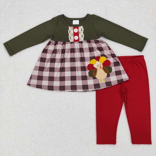 GLP0750   Thanksgiving Turkey Red Green   Embroidery  Girls Long Sleeve Pants Outfits