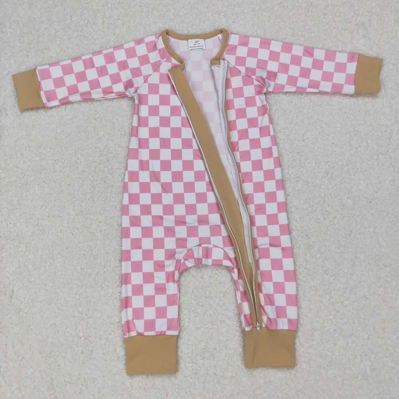 LR0731 Pink Plaid    Zipper Girls Long Sleeve Romper