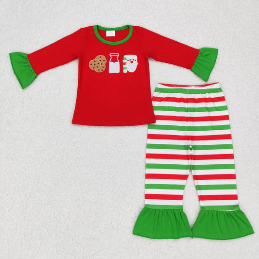 GLP0726 Christmas Red Green Santa Milk Cookes Embroidery Tunic Girls Long Sleeve Pants Outfits Pajamas