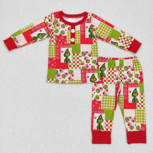 BLP0373 Christmas Red Green Cartoon Girls Long Sleeve Pajamas