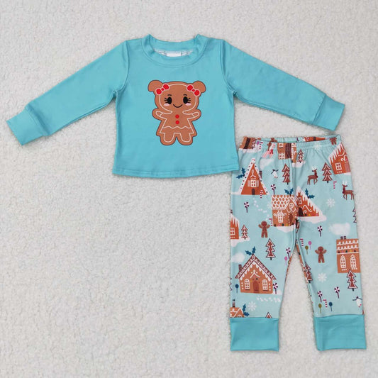 GLP0778  Christmas Blue Cartoon  Girls Long Sleeve Pants Outfits