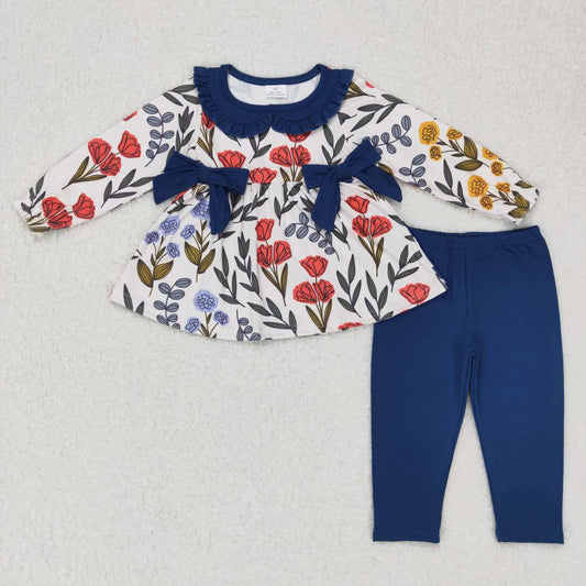 GLP0798 Blue Red Floral Bow  Girls Long Sleeve Pants Outfits