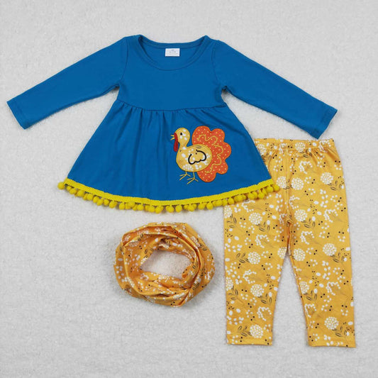 GLP0720 Turkey Thanksgiving Blue Yellow Embroidery With Bow 3pcs Tunic Girls Long Sleeve Pants Outfits