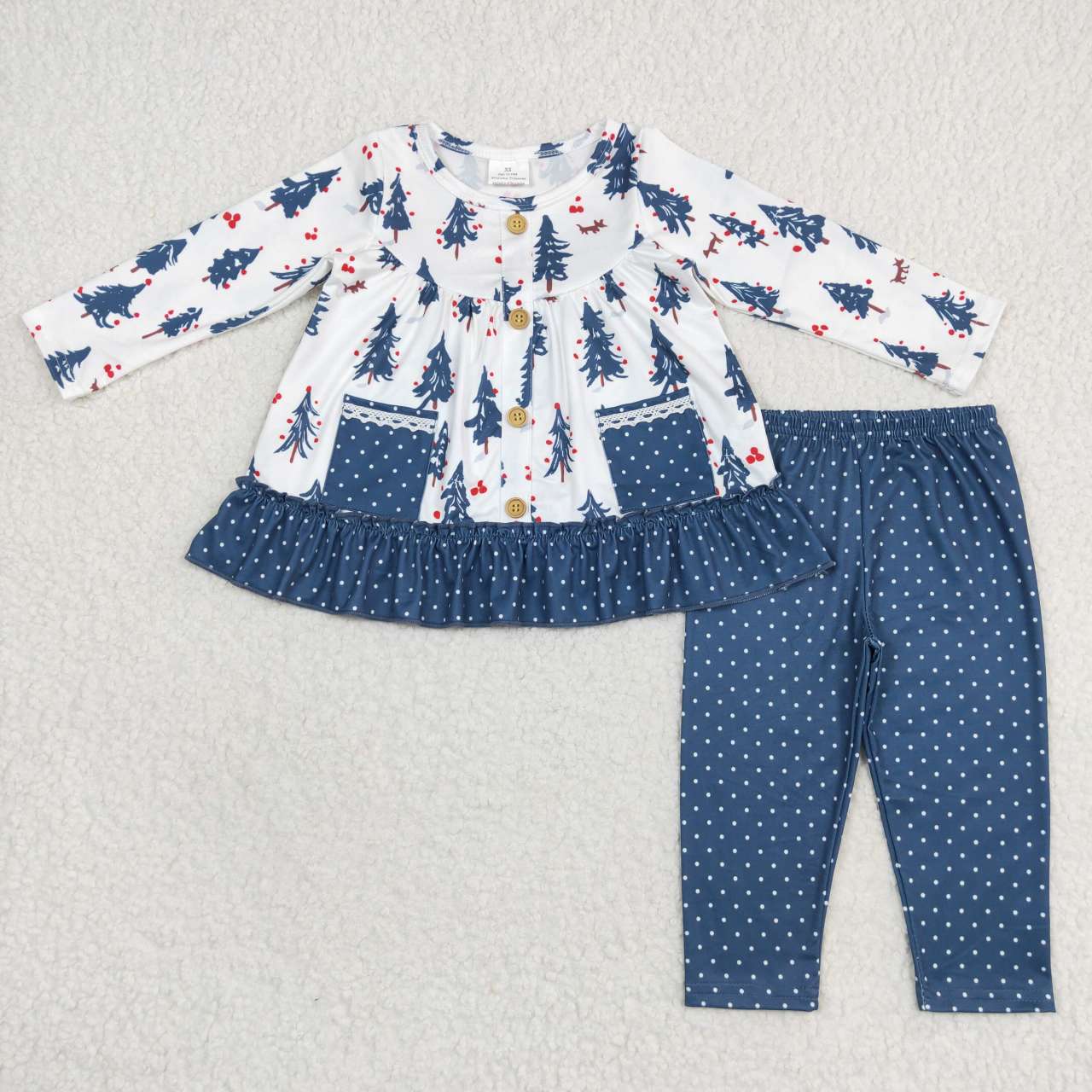 GLP0877 Christmas Blue Tree Pockets Girls Long Sleeve Pants Outfits