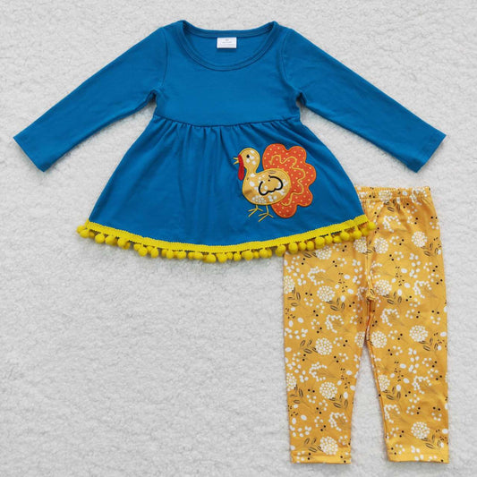 GLP0720 Turkey Thanksgiving Blue Yellow Embroidery With Bow 3pcs Tunic Girls Long Sleeve Pants Outfits