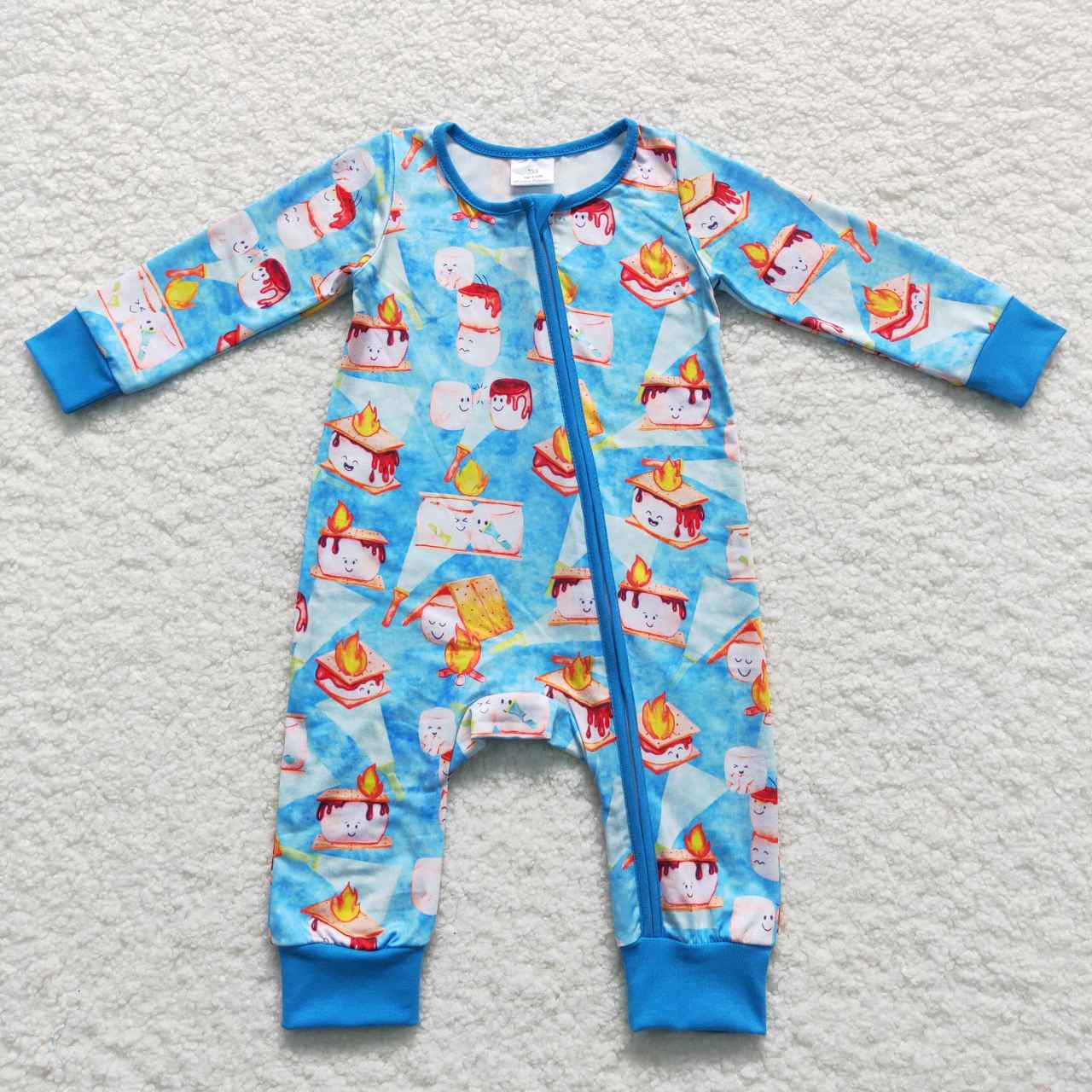 LR0617  Blue Fire Cake   Zipper Girls Long Sleeve Romper