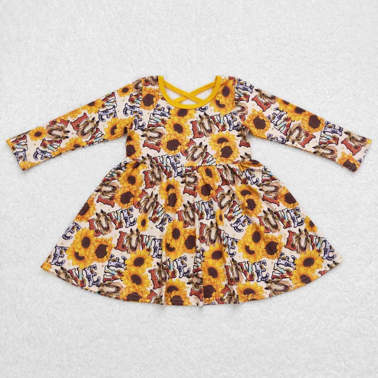 GLD0393  Yellow Sunflower Leopard Love  Girls Long Sleeve Dresses