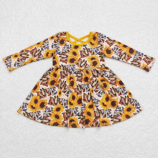 GLD0393  Yellow Sunflower Leopard Love  Girls Long Sleeve Dresses