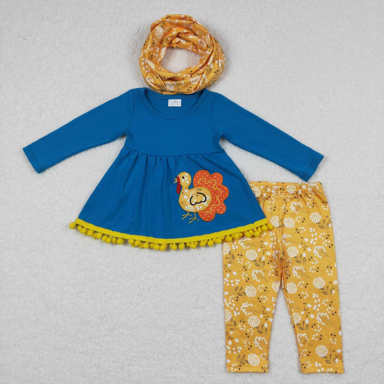 GLP0720 Turkey Thanksgiving Blue Yellow Embroidery With Bow 3pcs Tunic Girls Long Sleeve Pants Outfits