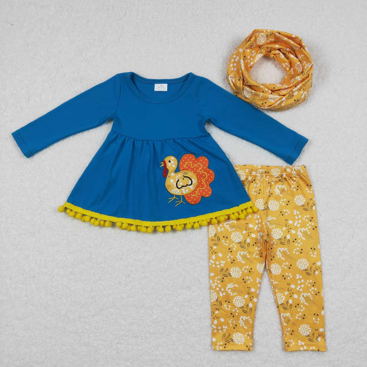 GLP0720 Turkey Thanksgiving Blue Yellow Embroidery With Bow 3pcs Tunic Girls Long Sleeve Pants Outfits