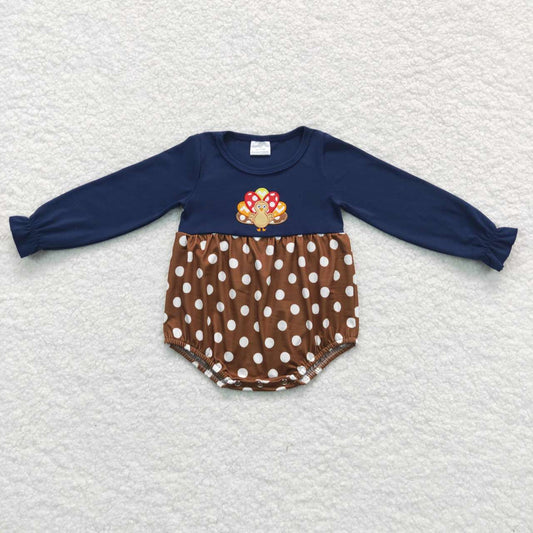 LR0605  Thanksgiving Turkey Blue Embroidery  Boys Long Sleeve Romper