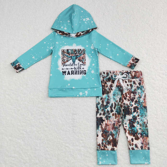 BLP0354  Blue Western Cow Warning  Boys Long Sleeve Hoodies Outfits