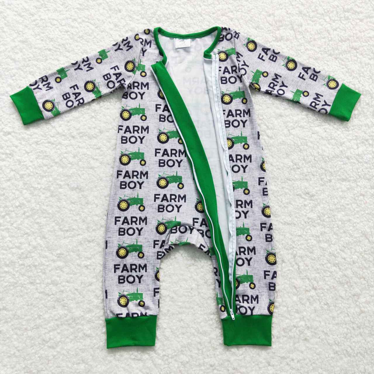 LR0688 Green Farm Boy Truck Zipper Boys Long Sleeve Romper