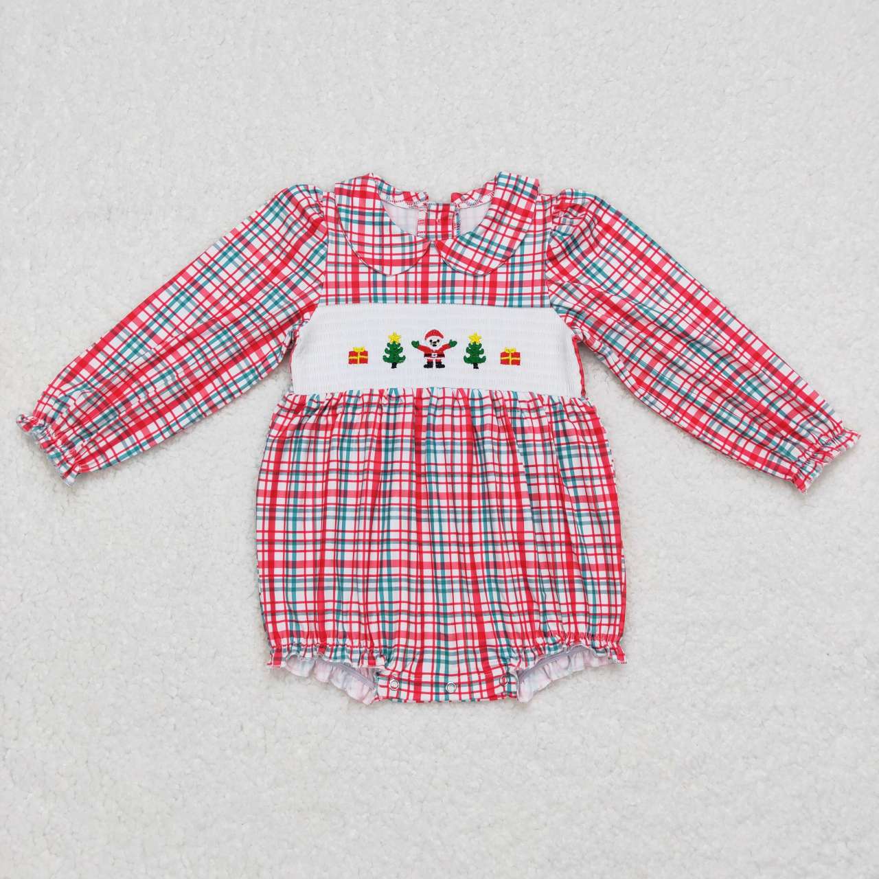 LR0571 Christmas Red Santa Embroidery Girls Long Sleeve Romper