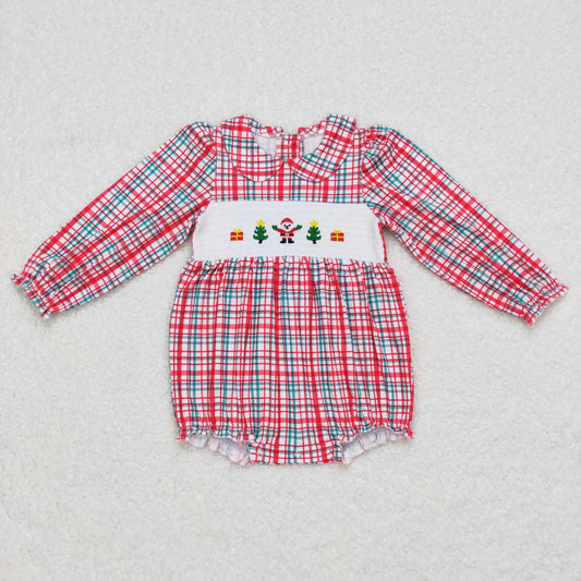 LR0571 Christmas Red Santa Embroidery Girls Long Sleeve Romper