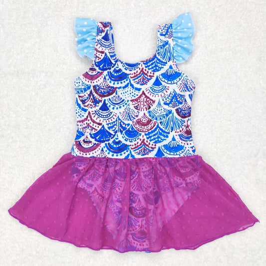 S0154 Blue Purple Mermaid Scale Girls Swimming Bathing Suits Swimsuits