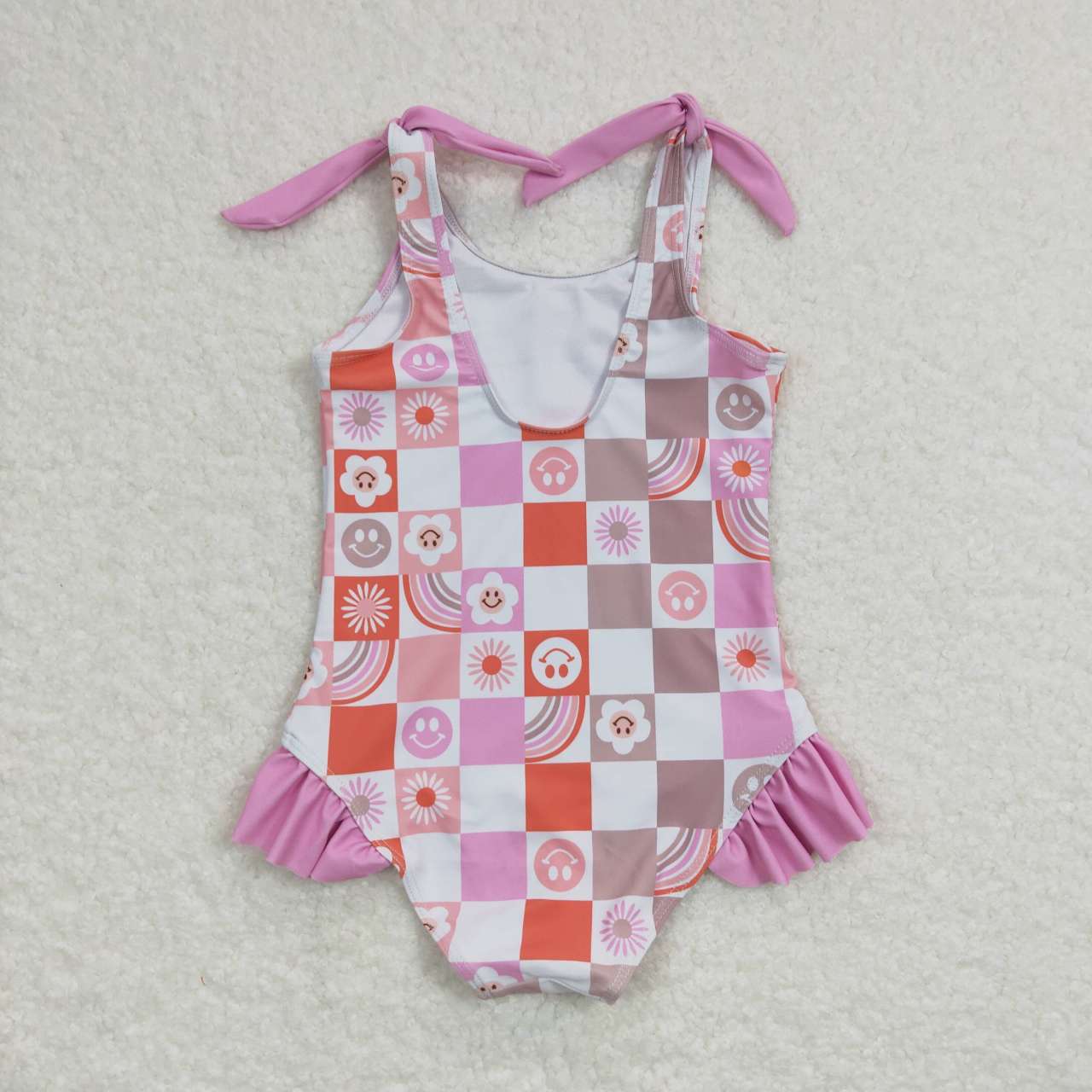 S0150  Pink Plaid Girls Swimming Bathing Suits Swimsuits