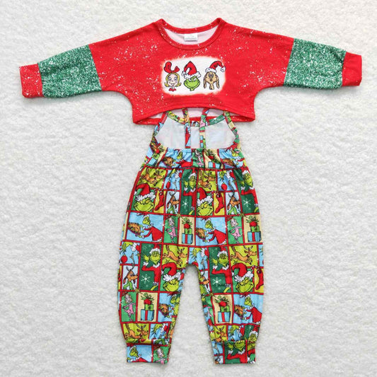 GLP0814  Christmas Green Red Cartoon  Jumpsuit Overall Girls Long Sleeve Bell Bottom Pants Outfits