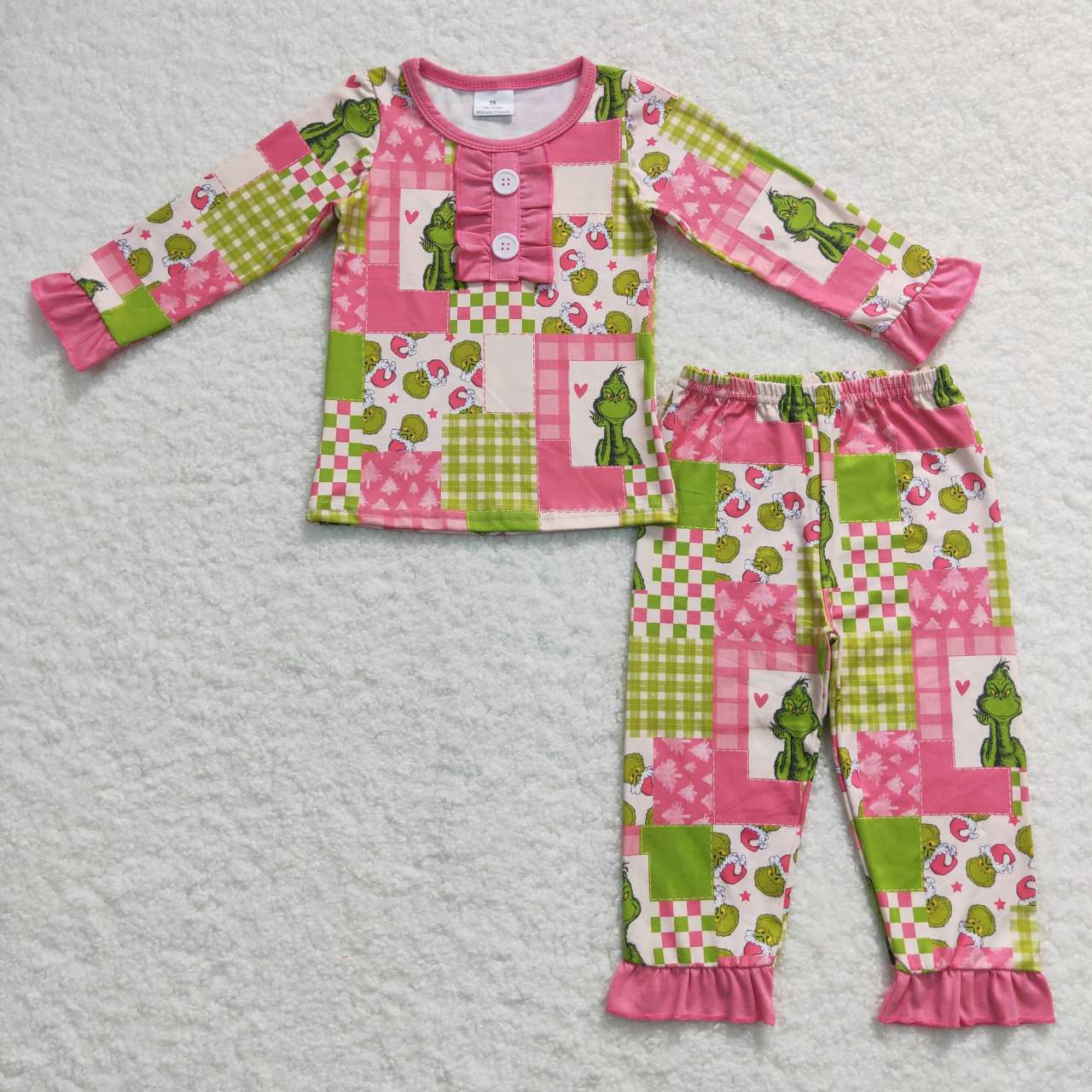 GLP0846  Christmas Pink Green Cartoon  Girls Long Sleeve Pants Outfits Pajamas