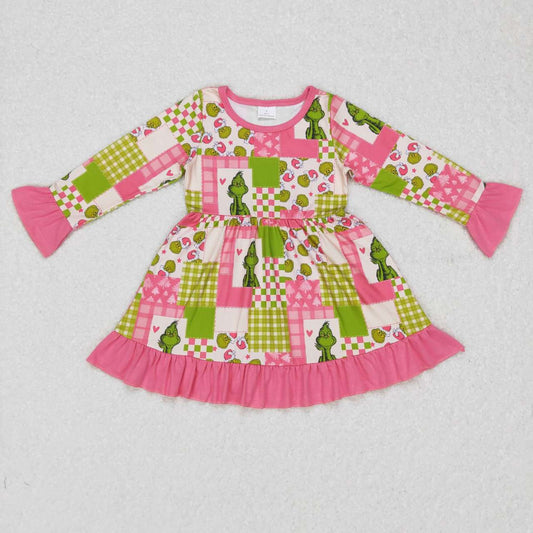 GLD0420  Christmas Pink Green Cartoon  Girls Long Sleeve Dresses