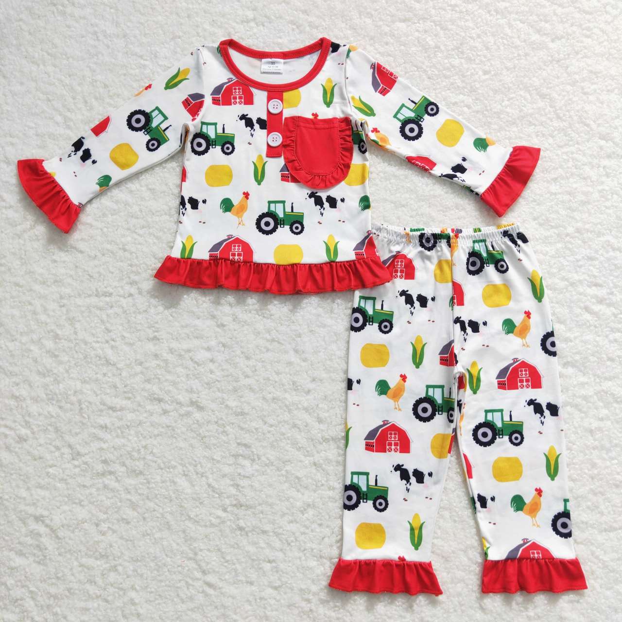 GLP0755  Christmas Red Green Farm Truck  Girls Long Sleeve Pants Outfits Pajamas