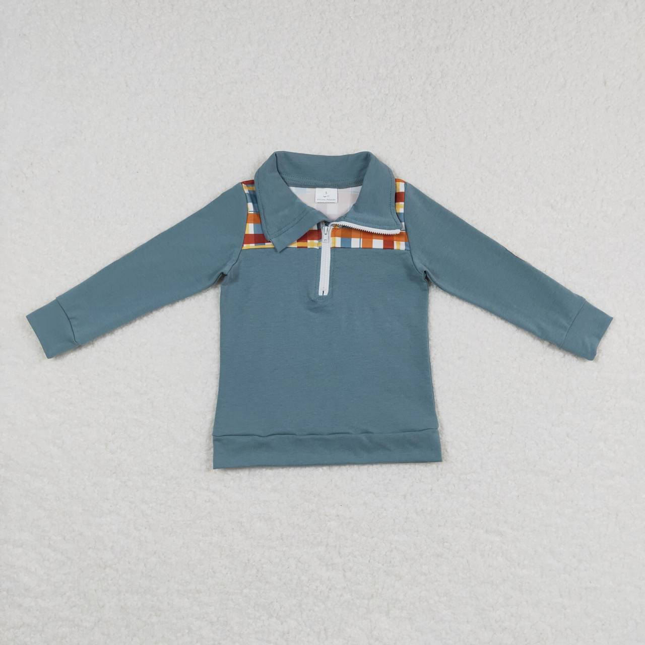 BT0313  Blue Plaid  Boys Long Sleeve Top Collar Polo Pullover T-Shirts