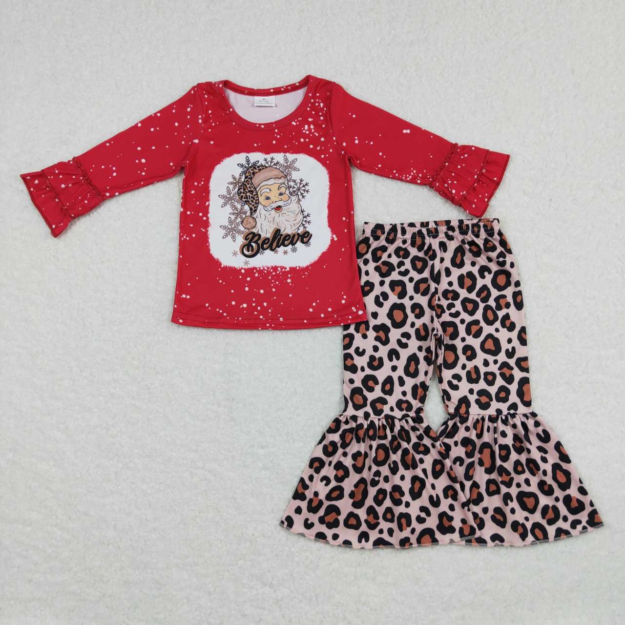 GLP0862 Christmas Santa Leopard Believe Red Cartoon Girls Long Sleeve Pants Outfits