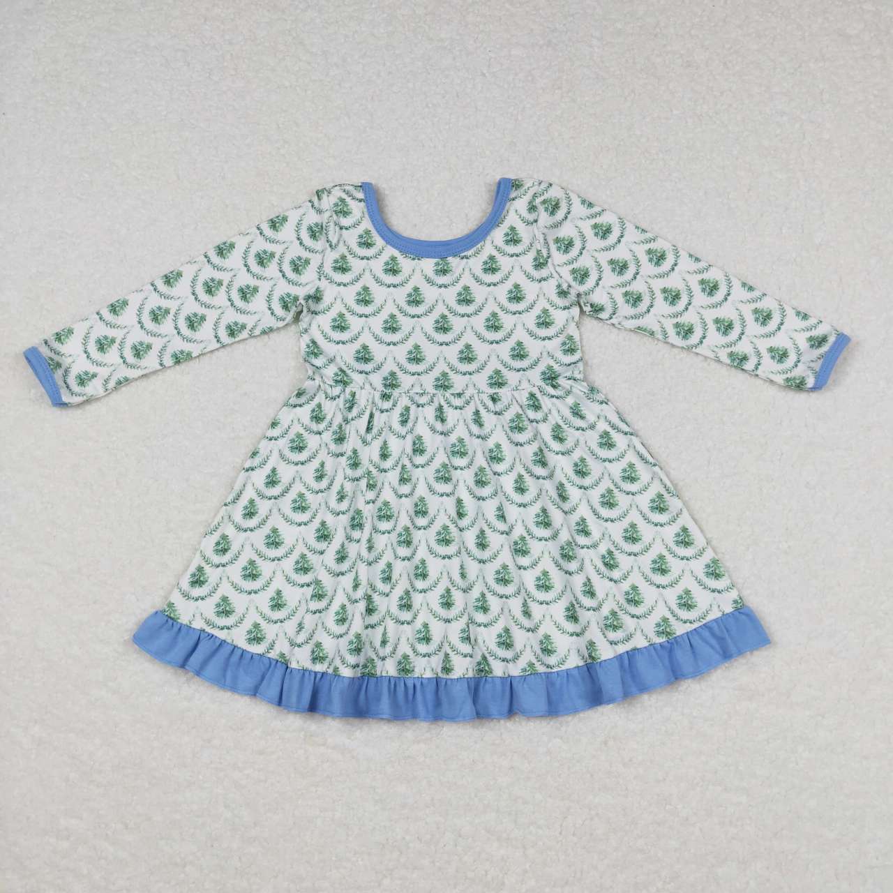 GLD0403   Christmas Blue Green Tree  Girls Long Sleeve Dresses