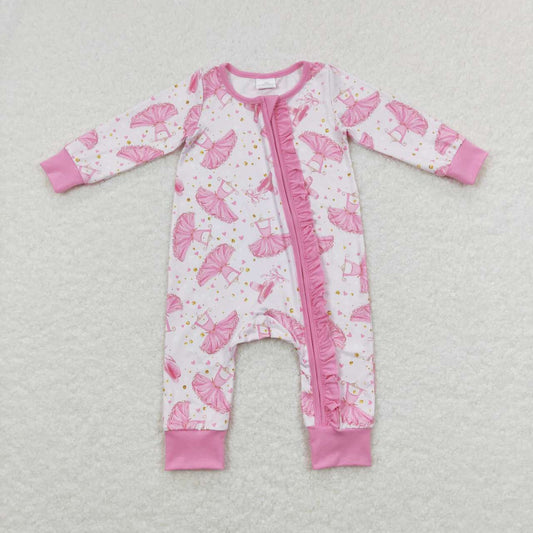 LR0647 Pink Princess Print Zipper Girls Long Sleeve Romper