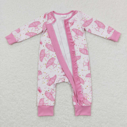 LR0647 Pink Princess Print Zipper Girls Long Sleeve Romper