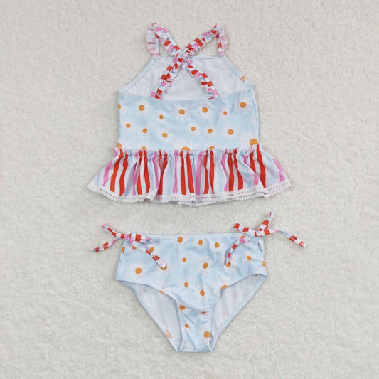 S0157 Pink Yellow Floral  Girls Swimming Bathing Suits Swimsuits