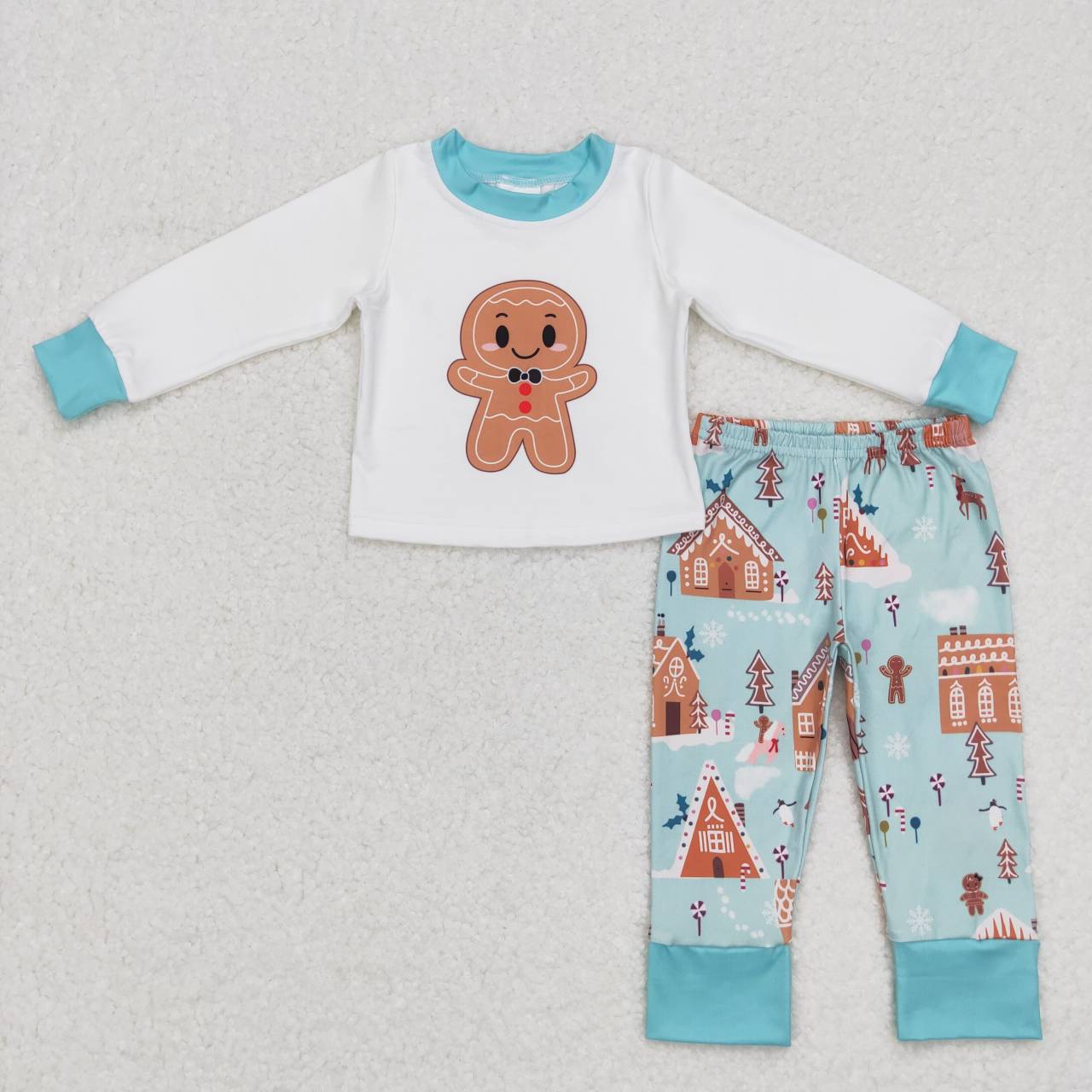 BLP0346 Christmas Blue Gingerbread Cartoon Boys Long Sleeve Pants Outfits Pajamas