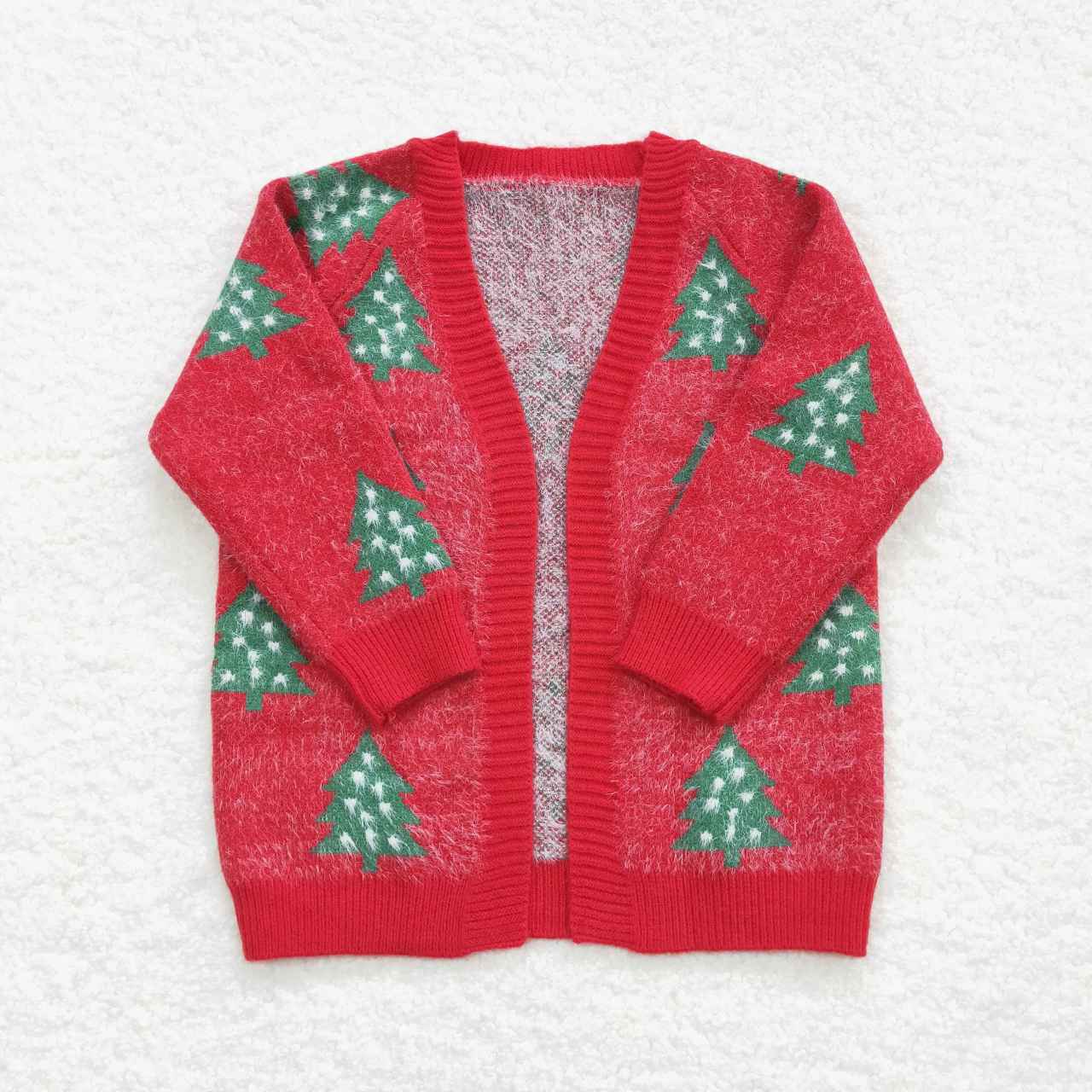 GT0356  Christmas Red Tree  Print Girls Long Sleeve Cardigan Sweater