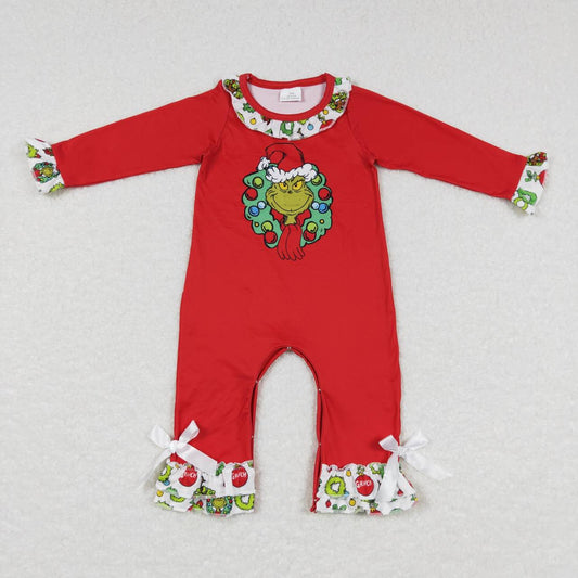 LR0578   Christmas Red Green Cartoon Girls Long Sleeve Romper