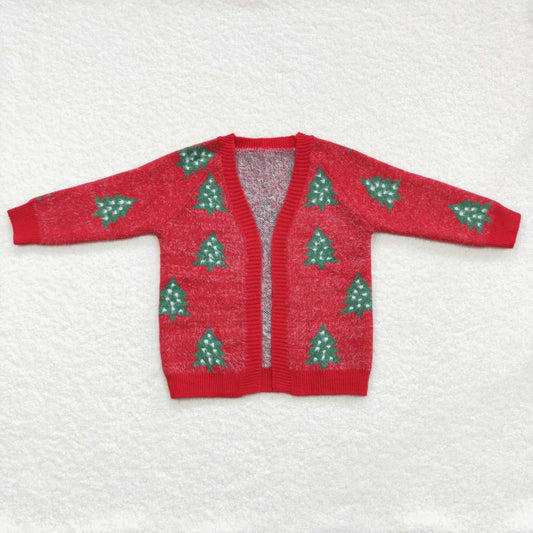 GT0356  Christmas Red Tree  Print Girls Long Sleeve Cardigan Sweater