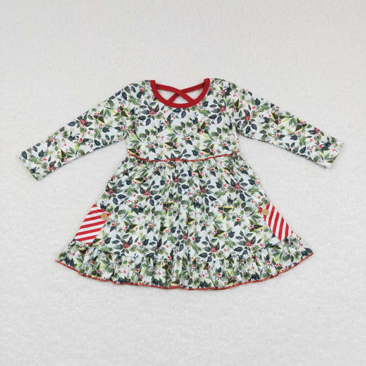 GLD0389 Christmas Red Green Floral Pocket Girls Long Sleeve Dresses