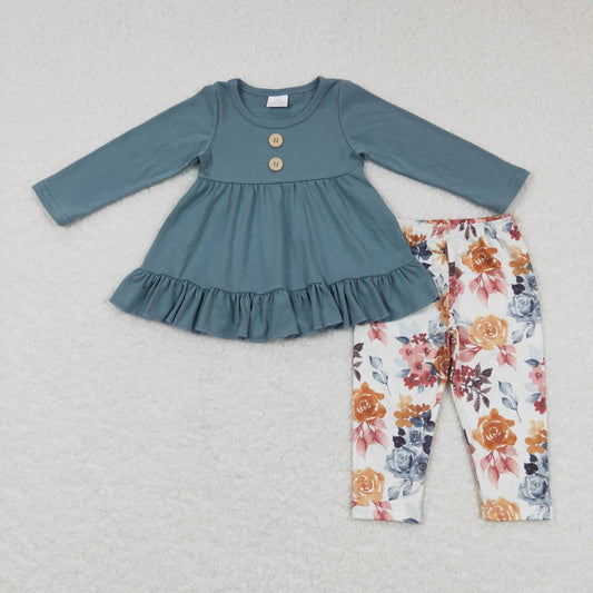 GLP0852 Blue Floral Tunic  Girls Long Sleeve Pants Outfits