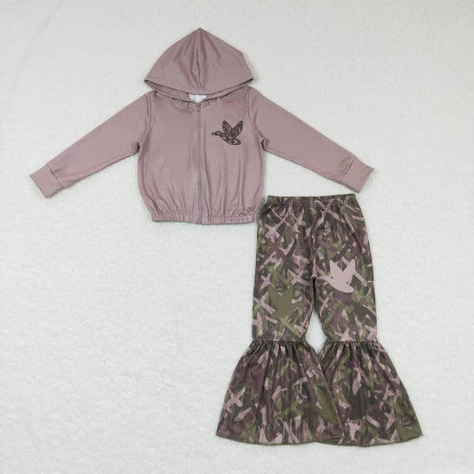 GT0336 Green Bird Camo  2pcs Girls Long Sleeve Hoodies Outfits