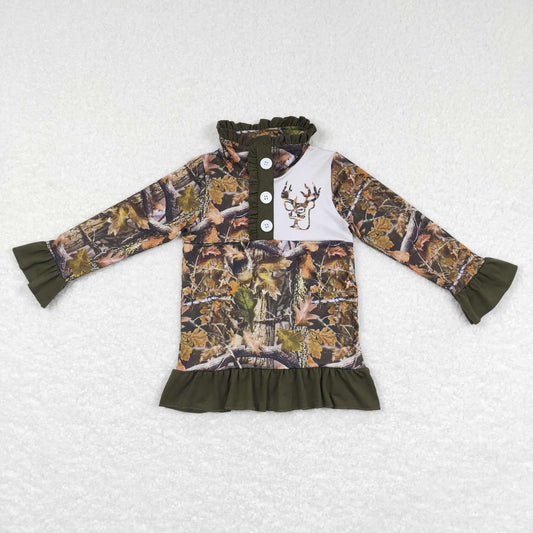 GT0311  Brown Green Camo Deer Girls Long Sleeve Top Collar Polo Pullover T-Shirts