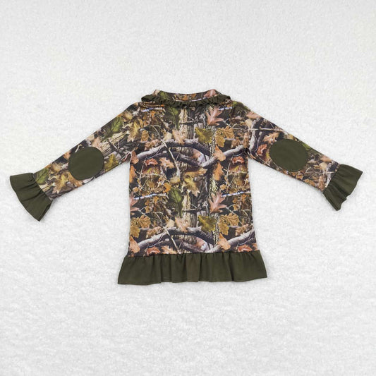 GT0311  Brown Green Camo Deer Girls Long Sleeve Top Collar Polo Pullover T-Shirts