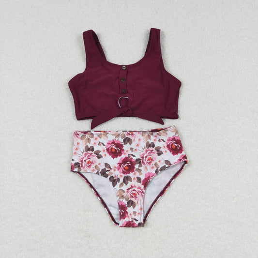 S0141  Red  Floral  Girls Swimming Bathing Suits Swimsuits