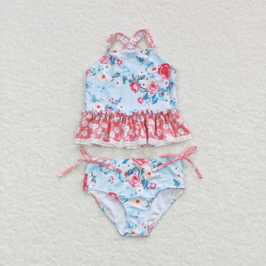 S0159 Pink Blue Floral  Girls Swimming Bathing Suits Swimsuits