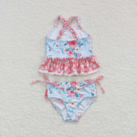 S0159 Pink Blue Floral  Girls Swimming Bathing Suits Swimsuits